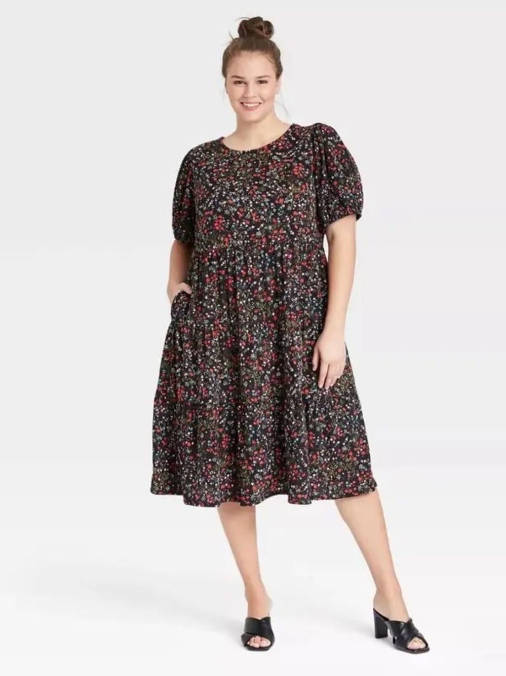 Ava & Viv Black Floral Tiered Midi Dress with Puff Sleeves 1X
